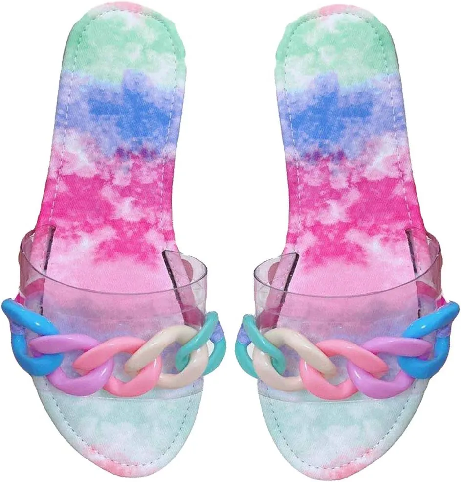 YSMIIH Women Sandals Beach Open Toe Flat Slippers Transparent TPR Fashion Colorful Chain Clear Slide Flip Flops Slip on Outdoor Beach
