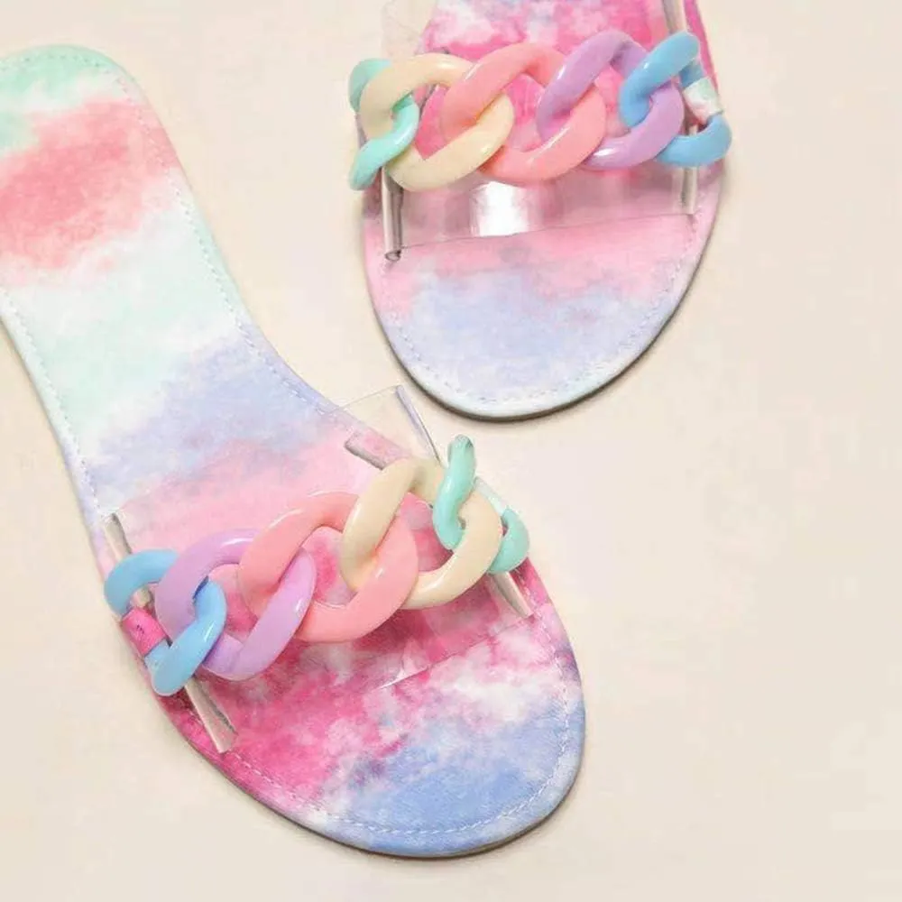 YSMIIH Women Sandals Beach Open Toe Flat Slippers Transparent TPR Fashion Colorful Chain Clear Slide Flip Flops Slip on Outdoor Beach