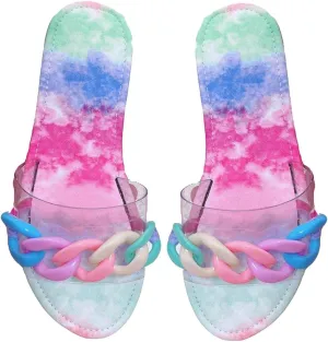 YSMIIH Women Sandals Beach Open Toe Flat Slippers Transparent TPR Fashion Colorful Chain Clear Slide Flip Flops Slip on Outdoor Beach