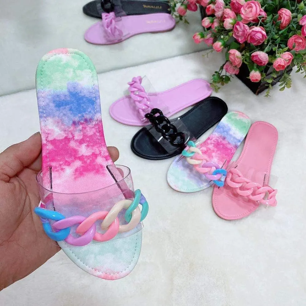 YSMIIH Women Sandals Beach Open Toe Flat Slippers Transparent TPR Fashion Colorful Chain Clear Slide Flip Flops Slip on Outdoor Beach