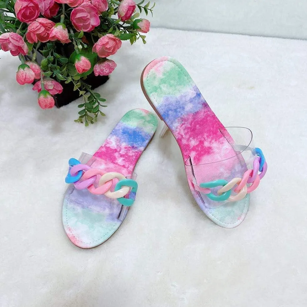 YSMIIH Women Sandals Beach Open Toe Flat Slippers Transparent TPR Fashion Colorful Chain Clear Slide Flip Flops Slip on Outdoor Beach