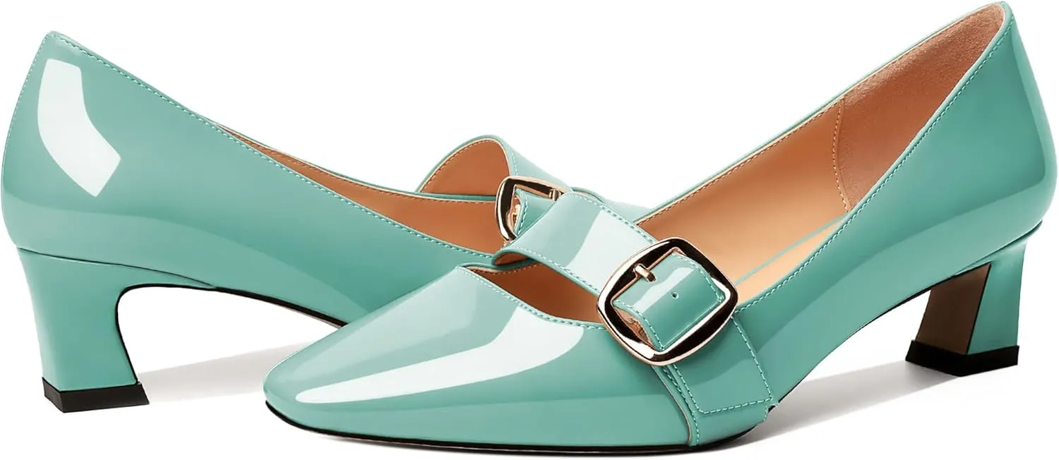 Zamikoo Women's Square Toe Kitten Heel Pumps Slip On Low Heels with Buckle Strap 2 Inches Heeled Pumps Shoes for Office Wedding Dress Comfortable