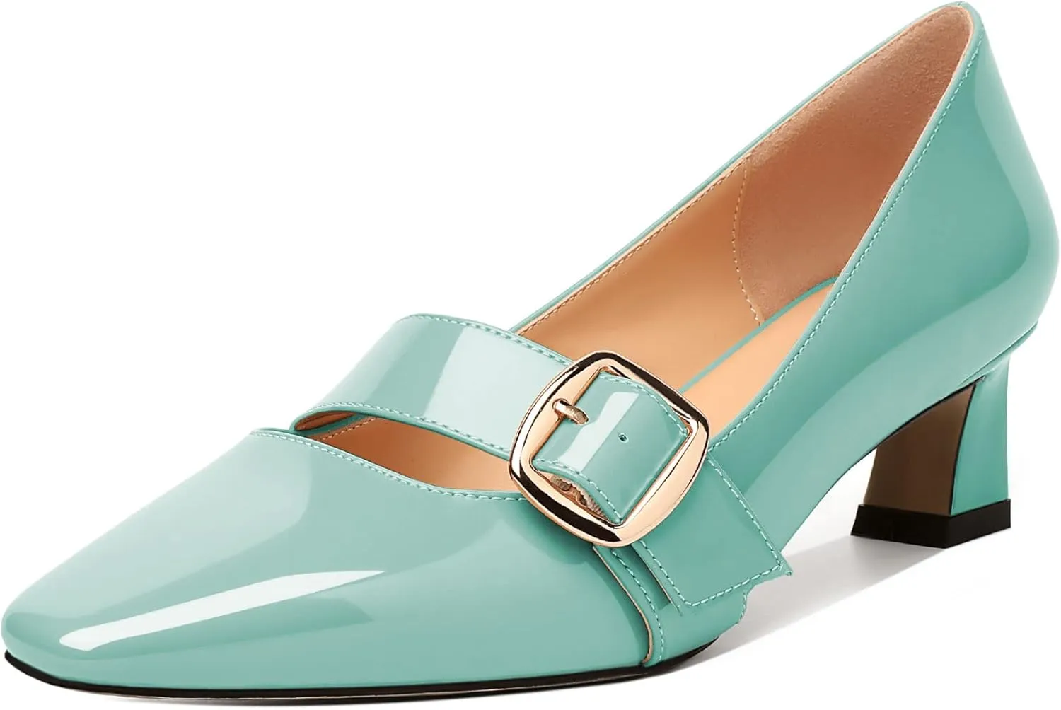 Zamikoo Women's Square Toe Kitten Heel Pumps Slip On Low Heels with Buckle Strap 2 Inches Heeled Pumps Shoes for Office Wedding Dress Comfortable