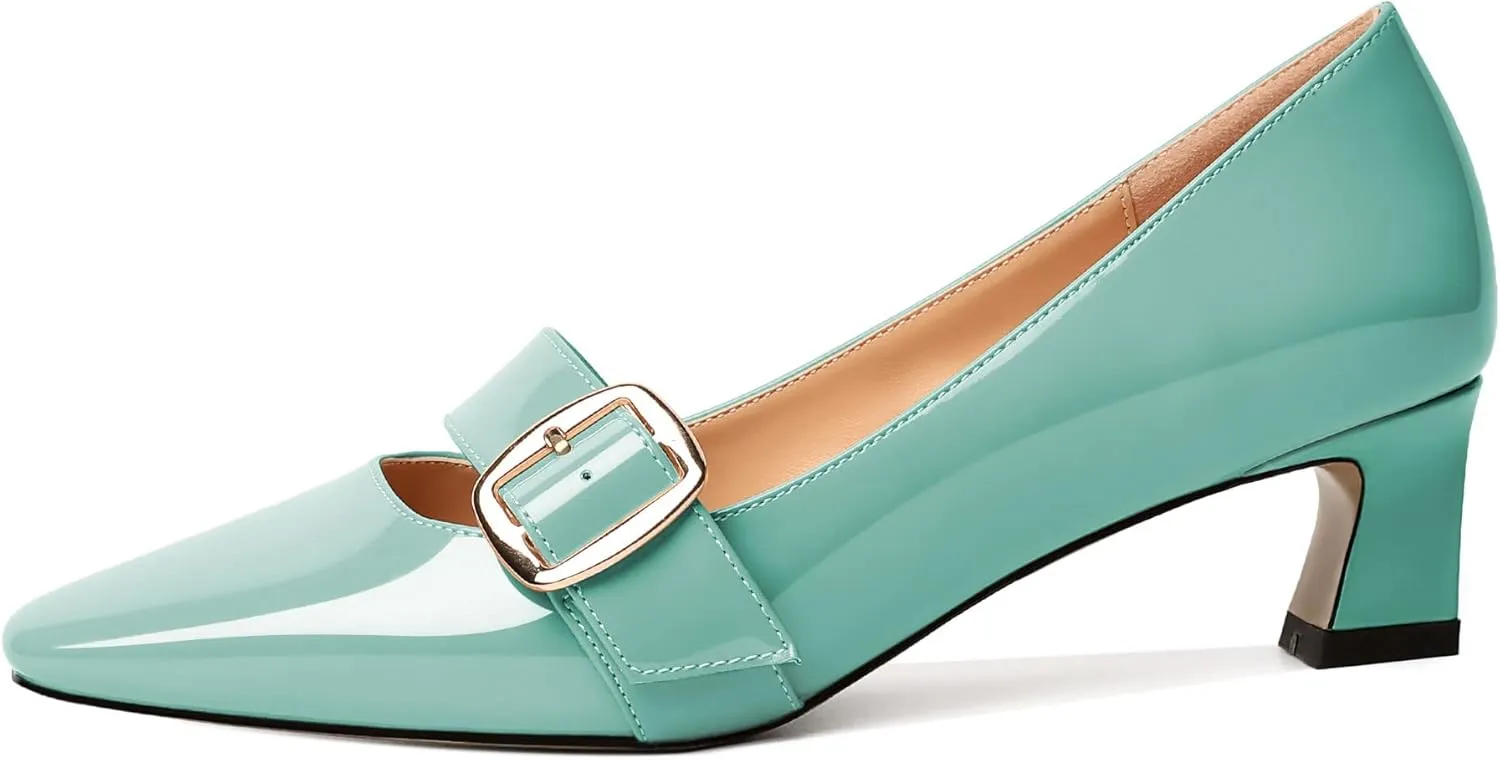Zamikoo Women's Square Toe Kitten Heel Pumps Slip On Low Heels with Buckle Strap 2 Inches Heeled Pumps Shoes for Office Wedding Dress Comfortable