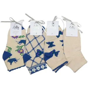 Zelly 4 Pack Assorted Daphne Socks - Cream/Blue/Purple