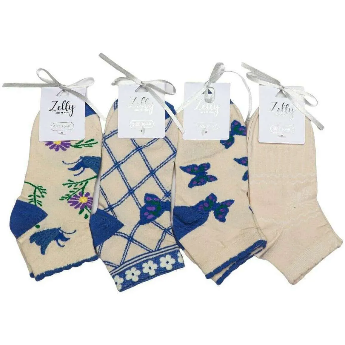 Zelly 4 Pack Assorted Daphne Socks - Cream/Blue/Purple